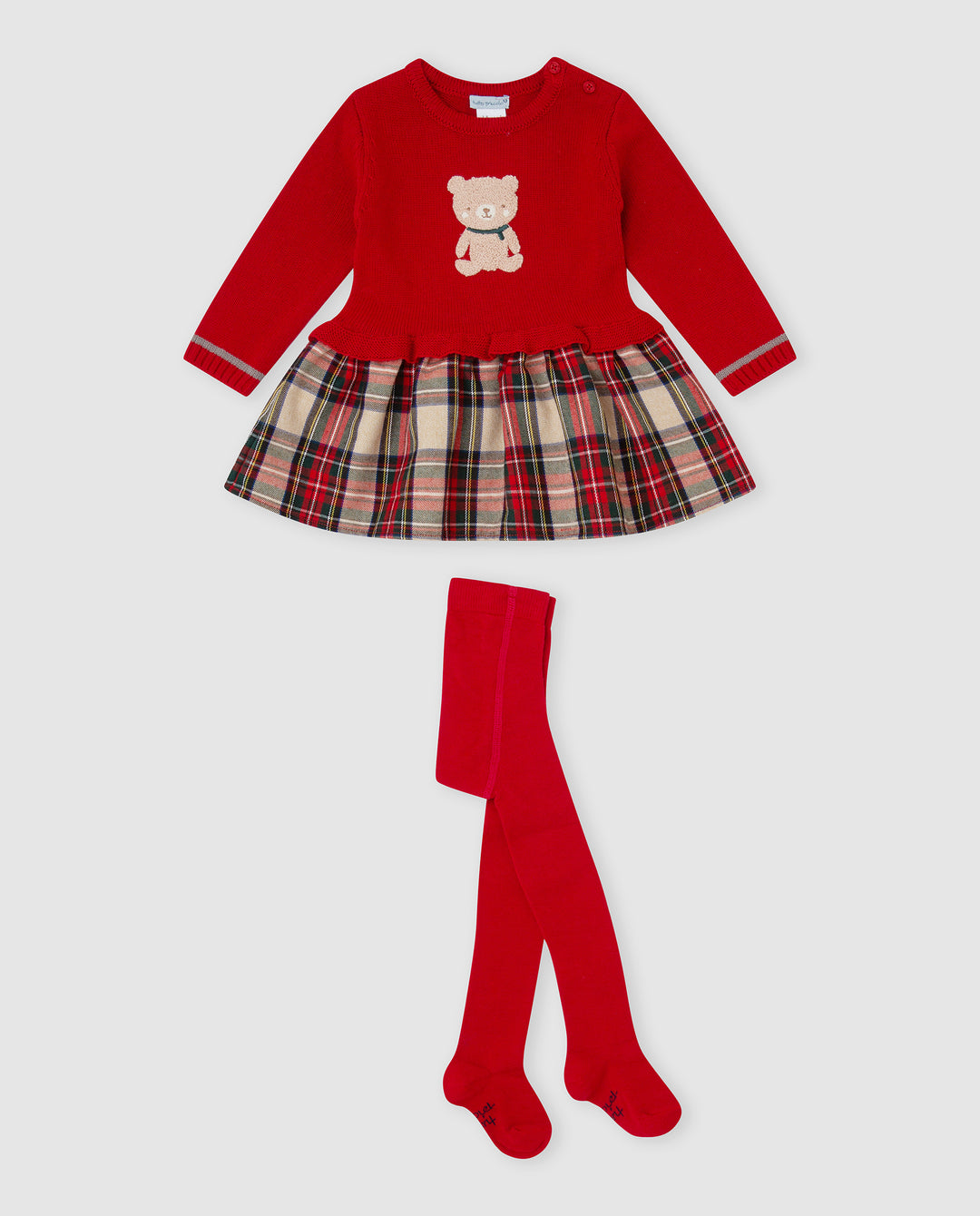 VESTIDO ROJO TRICOT Y CUADROS CON LEOTARDOS BEBÉ