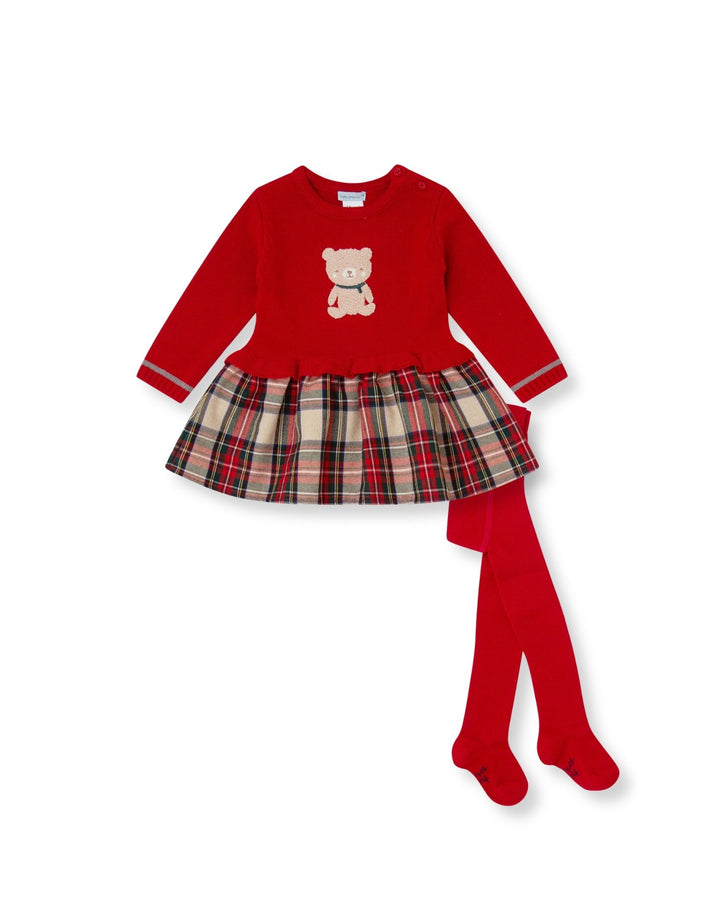VESTIDO ROJO TRICOT Y CUADROS CON LEOTARDOS