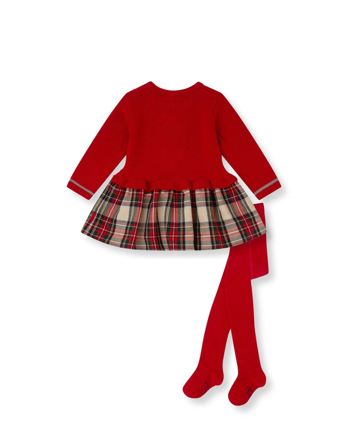 VESTIDO ROJO TRICOT Y CUADROS CON LEOTARDOS