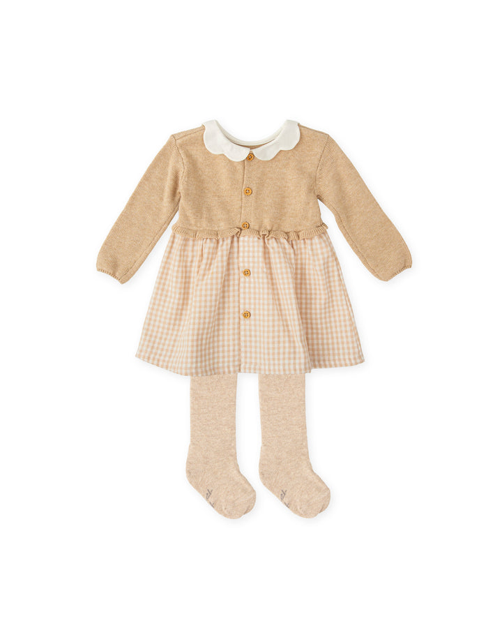 Abito in maglia e vichy sabbia con collant