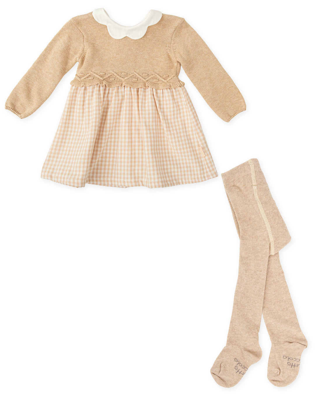 Abito in maglia e vichy sabbia con collant