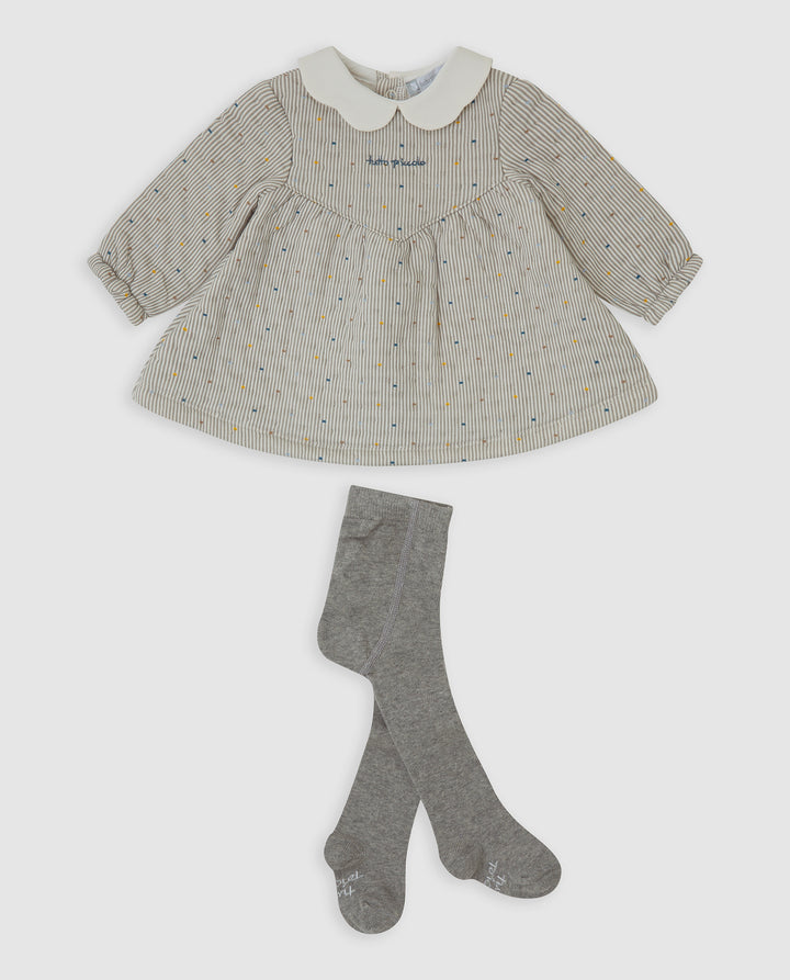 VESTIDO GRIS RAYAS CON LEOTARDOS BEBÉ