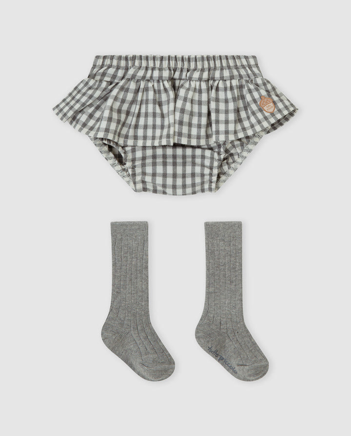 PANTALÓN BOMBACHO VICHY GRIS CON VOLANTE BEBÉ