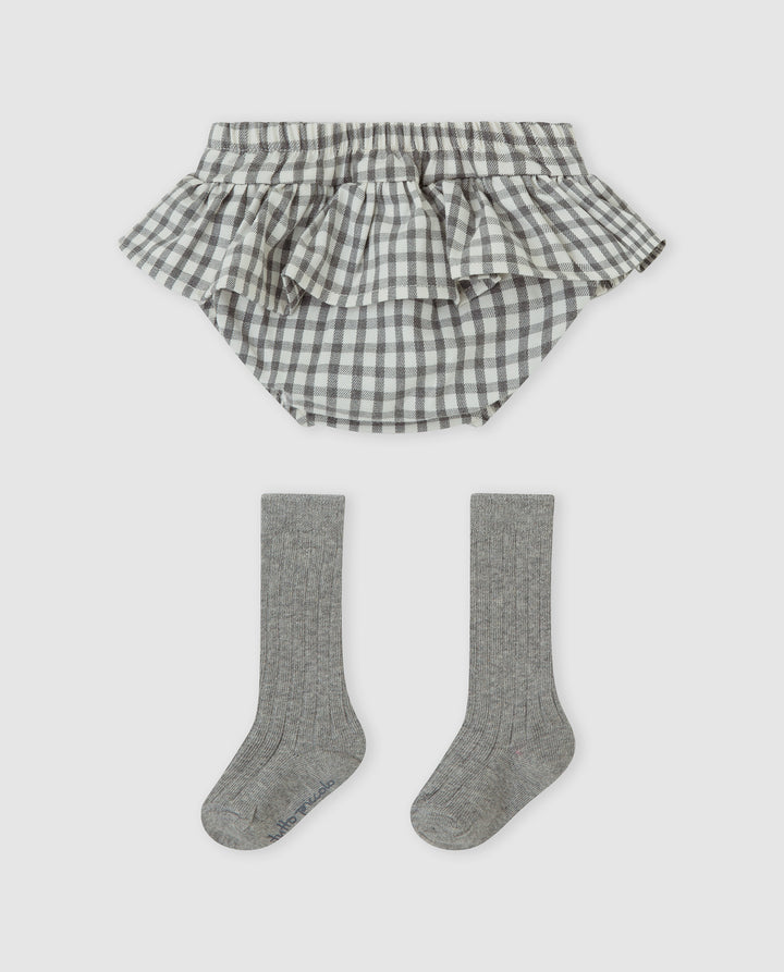 PANTALÓN BOMBACHO VICHY GRIS CON VOLANTE BEBÉ