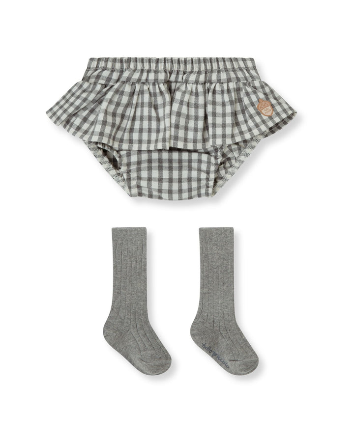 PANTALÓN BOMBACHO VICHY GRIS CON VOLANTE