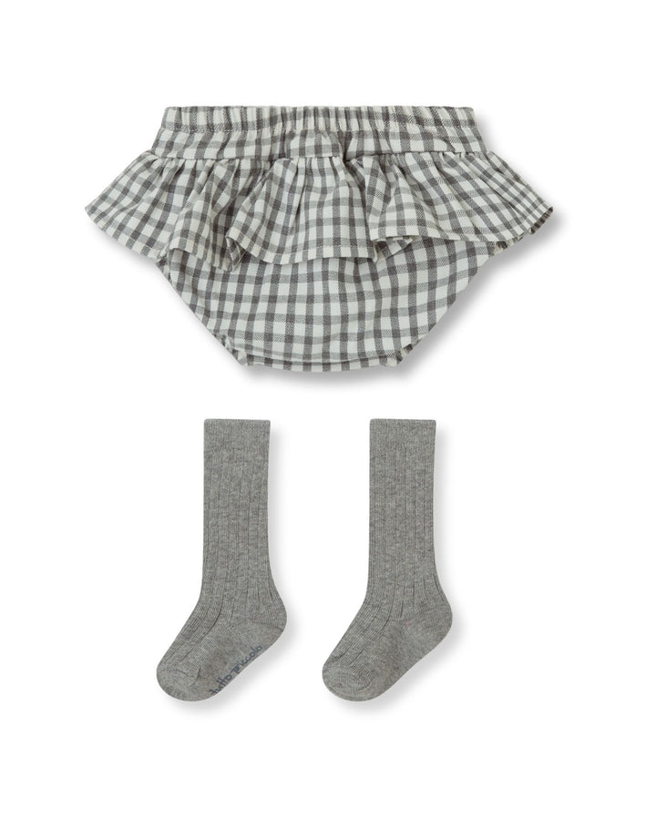 PANTALÓN BOMBACHO VICHY GRIS CON VOLANTE