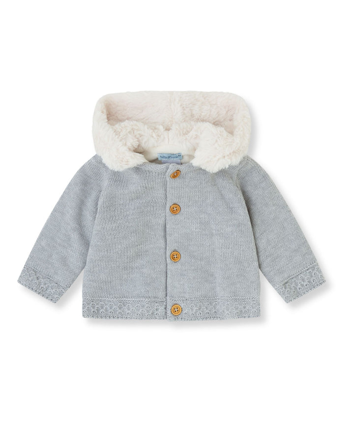 CHAQUETÓN TRICOT GRIS CON CAPUCHA