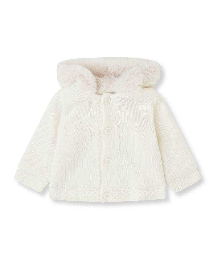 CHAQUETÓN TRICOT CRUDO CON CAPUCHA