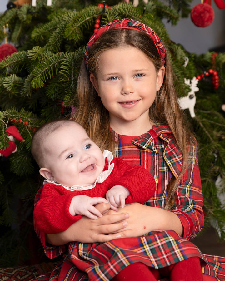 ABITO ROSSO IN MAGLIA E QUADRI CON COLLANT